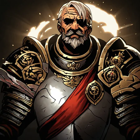 masterpiece, best quality, newest, absurdres, highres, DDstyle, official style, black eyes, shaded eyes, 1boy, MAA-V1.1, old man, armor, eyepatch, white hair, mustache, facial hair,