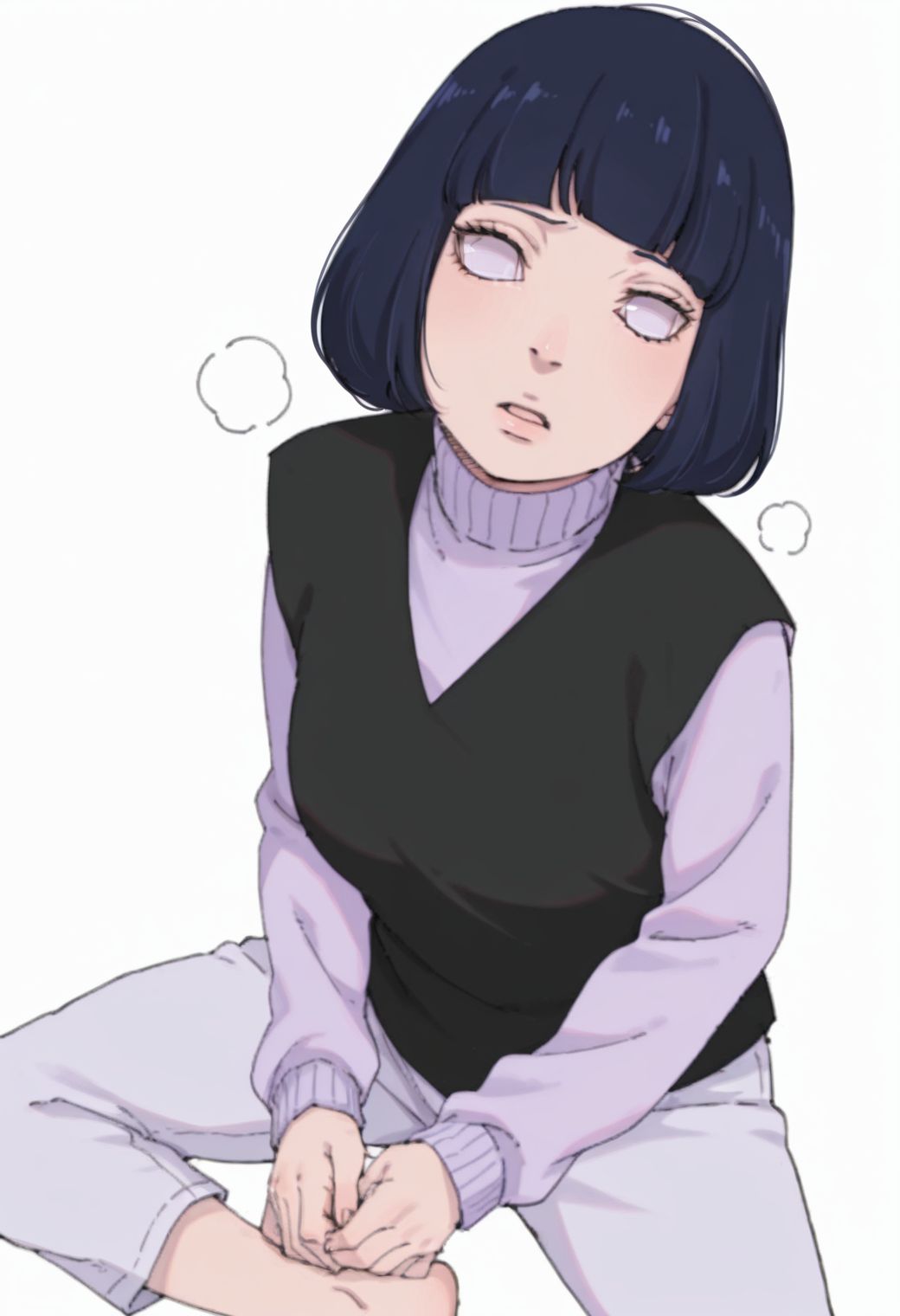 anime screencap, anime coloring,  <lora:DX888HinataBM:1> hyuuga hinata, black hair,  byakugan eyes,  bob cut, turtleneck sweater, purple sweater, black vest capri pants white pants , BREAK simple background, white background, BREAK   1girl, blush, butterfly sitting, feet,  heavy breathing, knees apart feet together, looking at viewer, open mouth, from above, head tilt,