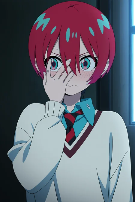 volumetric lighting, official style, amazing quality, ultra detailed, highres, detailed background, anime screenshot, anime screencap, anime coloring, masterpiece, detailed face,1girl  <lora:Amate_Yuzuriha__:0.8>Amate_Yuzuriha, red hair, blush, necktie, school uniform, shirt, short hair, hair between eyes, multicolored eyes, multicolored hair, solo focus, wavy mouth, blue shirt, collared shirt, red necktie, upper body, hand covering face, looking away