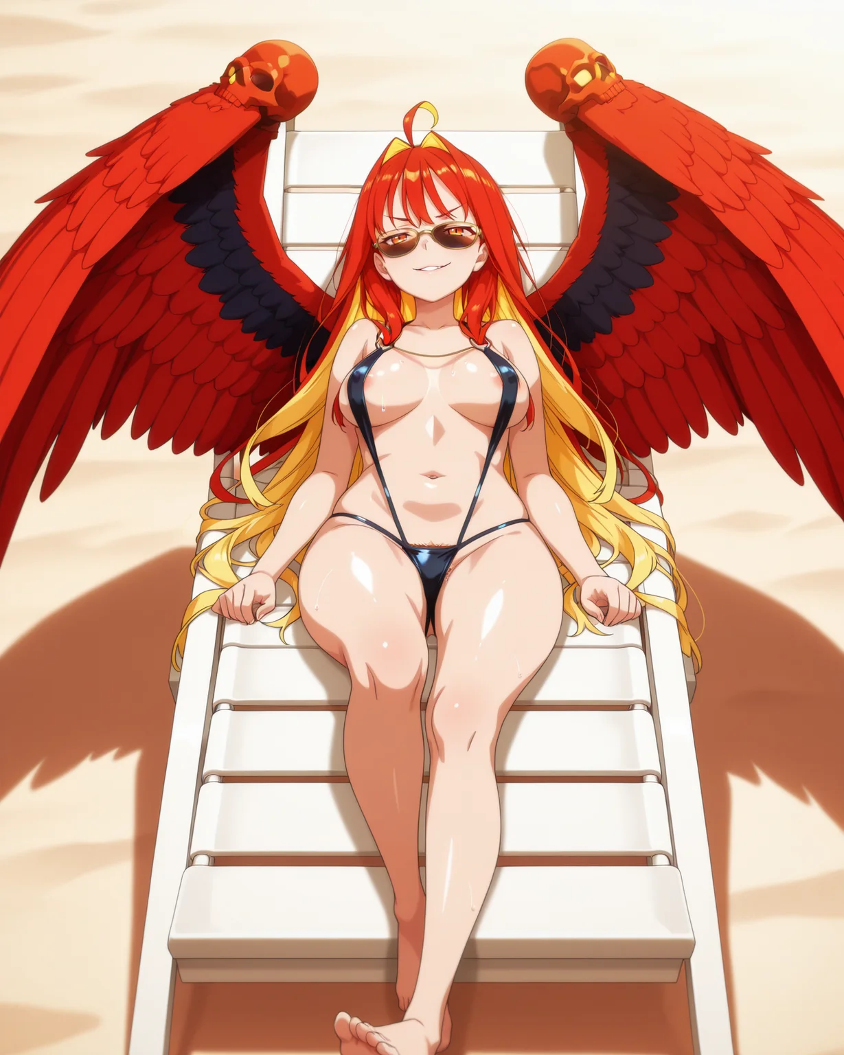 <lora:ATRex_style:1>,trexstyle,
anime coloring,anime screencap,
highres,best quality,masterpiece,
shiny skin,
BREAK
simple_background,beach,white beach chair,table,wind,
BREAK
<lora:Aphrodite_FATE_IL>,Aphroditelike,1girl,solo,ahoge,long hair,orange eyes,parted lips,medium breasts,multicolored hair,two-tone hair,red hair,blonde hair,very long hair,navel,cleavage,
wings,feathered wings,multiple_wings,red skulls on wings,red wings,
black slingshot swimsuit,navel,strap gap,breasts apart,areola slip,covered nipples,pubic hair peek,
on back,tanning,reclining,evil smile,sunglasses,
full body,
