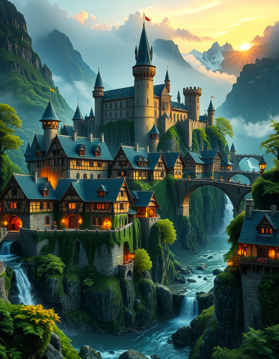 A breathtaking medieval fantasy city nestled in a lush valley, surrounded by towering mountains and dense forests. A grand castle with multiple towers and turrets stands atop a hill, overlooking the town below. The city consists of charming half-timbered houses with glowing windows, perched on rocky cliffs and connected by stone bridges over cascading waterfalls. The river flows through the village, reflecting the warm golden lights of lanterns and torches. Ivy and moss grow over the stone walls, adding to the enchanted, ancient atmosphere. The background features misty mountains with additional fortresses and watchtowers, partially hidden by low-hanging clouds. The sky is illuminated by a soft, warm sunset, casting a golden glow on the scenery, creating a perfect blend of realism and fantasy. Highly detailed, cinematic, and immersive, with a magical, fairy-tale ambiance.
<lora:SDXLFaeTastic2400:0.4> <lora:extremely_detailed:0.4> extremely detailed, <lora:medieval_f4nt4sy_c1ty:1>,medieval f4nt4sy c1ty, Masterpiece,best quality,hi res,8k,hi res,8k,award winning,(sharp focus, intricate, highly detailed),