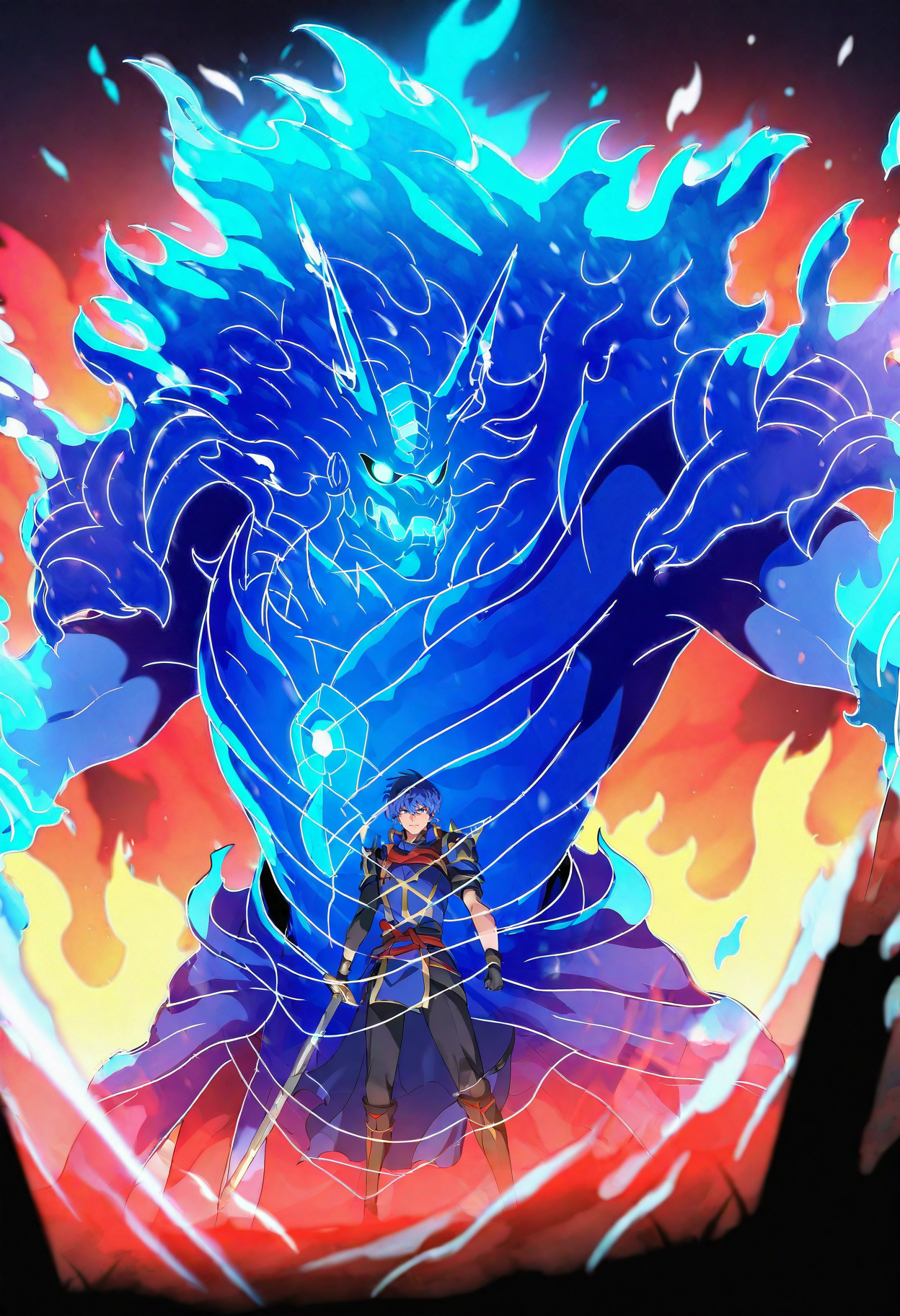 masterpiece, best quality,
1boy, male focus, solo,
 <lora:Susanoo V11 [IL]:1.0> susanoo, glowing, transparent
marth_(fire_emblem), fire_emblem, 1boy, blue_hair, blue_eyes,
holding weapon, sword,