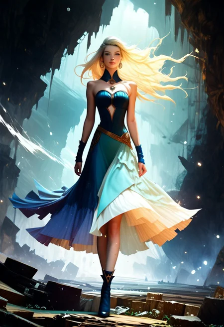 score_9, score_8_up, score_8_up, ((photorealistic)). ((Cinematic composition)),((masterpiece)), (resplendent lighting), absurdres, very fine detail, 8k.
A sultry love goddess summoning magics in a dynamic action pose. ((Full body)). Her magic gathers about her in streaks of glowing colour. her majestic hair is caught by the wind. Bare midriff, ab crack. Her slinky asymmetrical dress (dress has cutouts) has a slit high up. Brilliant spotlighting. Rich deep colours contrast against the dull beiges and tones of the underground cavern city.
