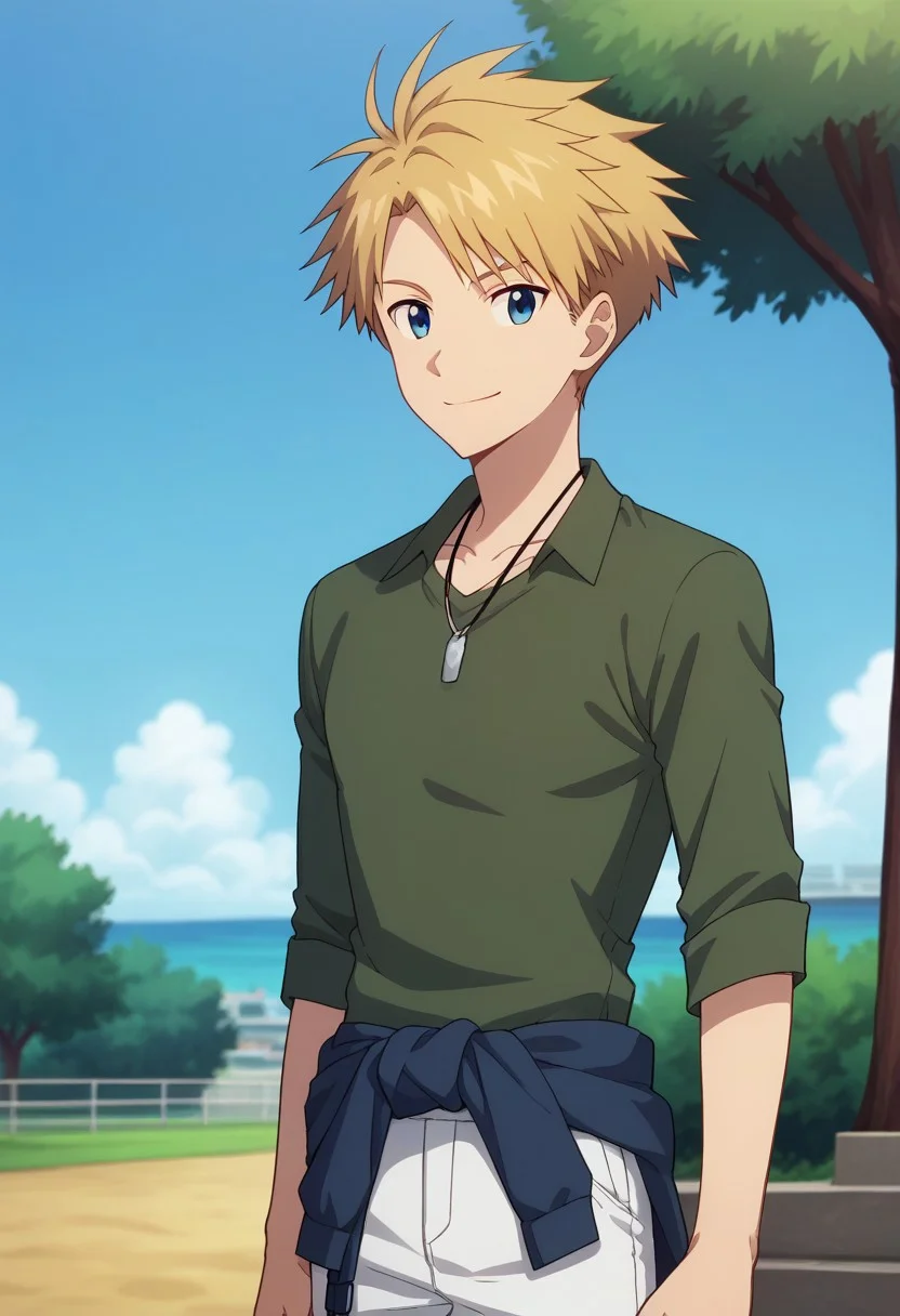score_9, score_8_up, score_7_up, source_anime, highly detailed, 
yamakizu, clothes around waist, solo, blonde hair, arms at sides, shirt, upper body, pants, standing, smile,
green shirt, male focus, 1boy, white pants, arm at side, blue eyes, jacket around waist, happy,
jacket, closed mouth, grey shirt, short hair, sweater,
outdoor, sky, tree