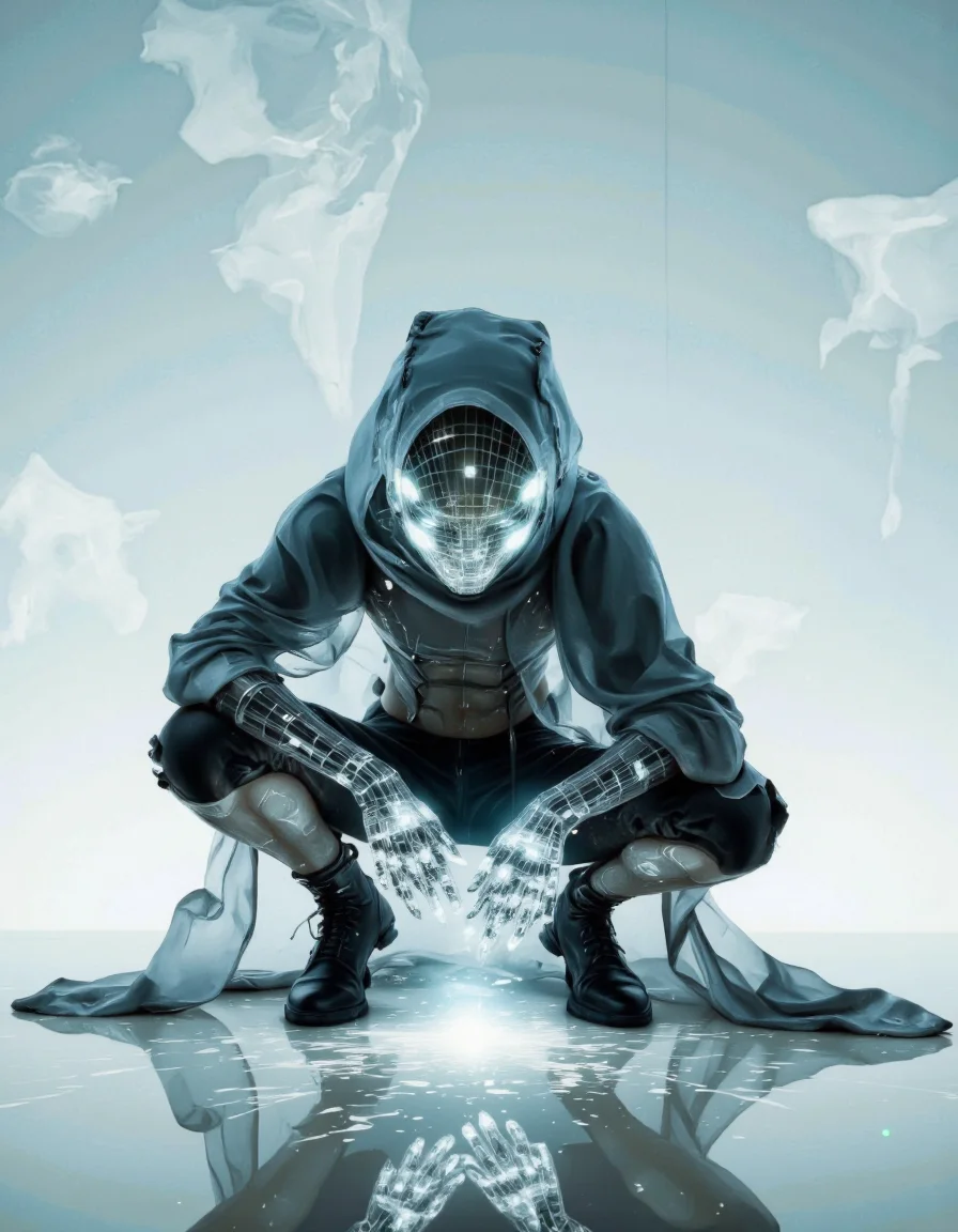 SentinelBot. A photo-realistic shoot from a front camera angle about a futuristic humanoid figure in a hooded cloak, crouching down and interacting with glowing wireframe elements. the image also shows a minimalistic, abstract background with a gradient of light blue to white. on the middle of the image, a humanoid figure appears to be in a crouched position, wearing a transparent, mesh-like bodysuit with a hood. the figure's face is obscured by a glowing, wireframe-like mask, giving it an ethereal appearance. they are positioned in a way that creates a sense of depth and dimension, with their hands reaching towards a glowing light source in front of them. their body is slim, and they are wearing black boots. the overall effect is a striking contrast between the human figure and the futuristic setting. <lora:The_Vanguard:1.1>