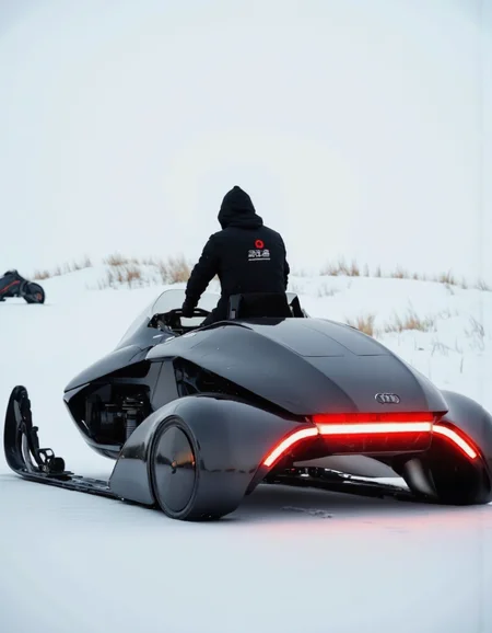futuristic snowmobile. A minimalist photo shoot from a side camera angle about a futuristic snowmobile with a sleek design and a red tail light, set against a snowy landscape. the image also shows a person sitting on the back of the snowmobile, wearing a black hooded jacket with the Audi logo prominently displayed. the person is positioned in the middle of the image, facing away from the camera, with the snow-covered landscape in the background. the snowmobiles have a sleek, modern design with a black body and red accents, and the rear of the vehicle is visible, showcasing the sleek and minimalistic design. the background is a plain, snowy landscape with a few patches of grass visible, adding to the minimalist aesthetic. the lighting is soft and diffused, casting a gentle glow on the snow and creating a sense of depth and dimensionality. the overall mood is cold and serene, with a focus on the minimalist design of the vehicles, making them stand out against the white backdrop.