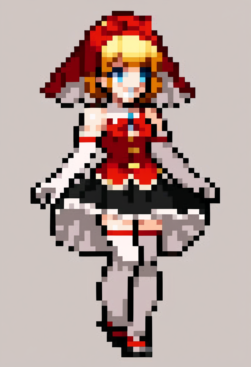 score_9, score_8_up, score_7_up, source_anime, BREAK, solo, 1girl, smile, looking at viewer,  <lora:Leanboox-Sprite-Style-pdxl_Fp:1>, simple background, full body, pixel art, <lora:Idun-pdxl-DoRA_Fp:0.8>, idunnsmt, short hair, blonde hair, blue eyes, veil, red bow, red dress, vest, frilled skirt, white gloves, elbow gloves, white thighhighs, smile, bare shoulders, miniskirt, black skirt,