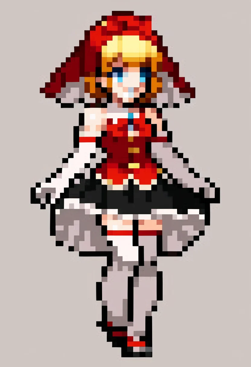 score_9, score_8_up, score_7_up, source_anime, BREAK, solo, 1girl, smile, looking at viewer, <lora:Leanboox-Sprite-Style-pdxl_Fp:1>, simple background, full body, pixel art, <lora:Idun-pdxl-DoRA_Fp:0.8>, idunnsmt, short hair, blonde hair, blue eyes, veil, red bow, red dress, vest, frilled skirt, white gloves, elbow gloves, white thighhighs, smile, bare shoulders, miniskirt, black skirt,