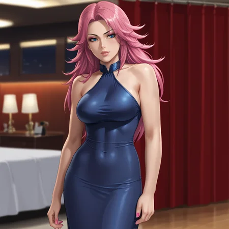 <lora:poisonstreetfighter_pony_v1:0.8> PoisonStreetFighter, 1girl, pink hair, large breasts,long hair, lips,  toned,  nail polish, blue eyes, makeup,  pink nails, cowboy shot,  <lora:0932 Home wear 9_v1_pony:1> ruanyi0932,blue dress,halter dress,sleeveless,cowboy shot,taut dress,skin tight,long dress