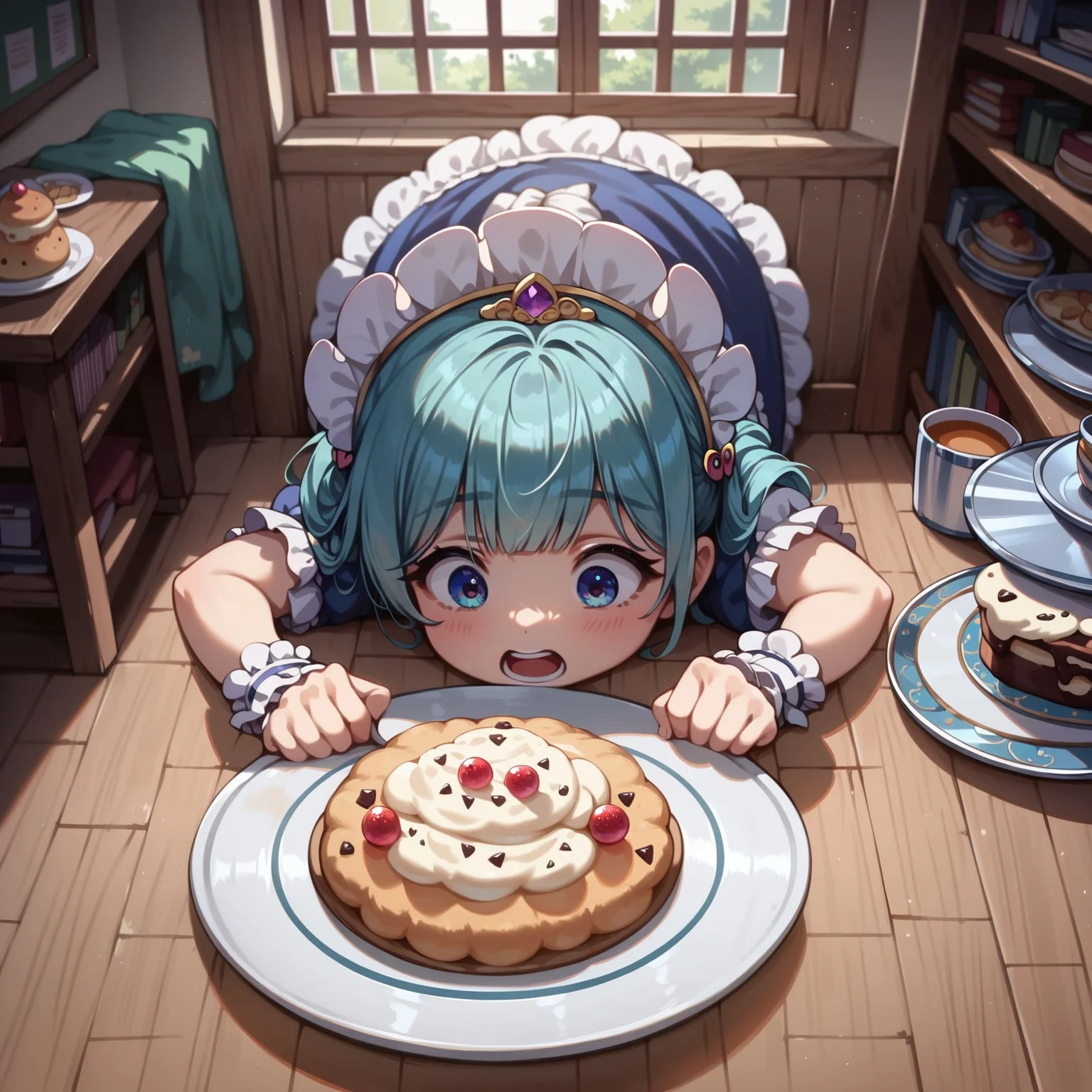 score_9,score_8_up,score_7_up,source_anime ,absurdres,detailxl,zPDXL3,
(Masterpiece:1.3),(best quality:1.2),high resolution,high quality,detailed,cute details, 1girl, (ultra HD quality details), anime, maid outfit, falling towards viewer, tripping, absurdly large plate with giant pudding, holding plate with pudding, expression of shock and surprise, open mouth, (detailed image, high resolution, 5k resolution:1.0), dynamic angle, movement, indoors
<lora:ColorRoughSlider:-0.1>,
<lora:zy_Detailed_Backgrounds_v1:0.6>, basukechi_style