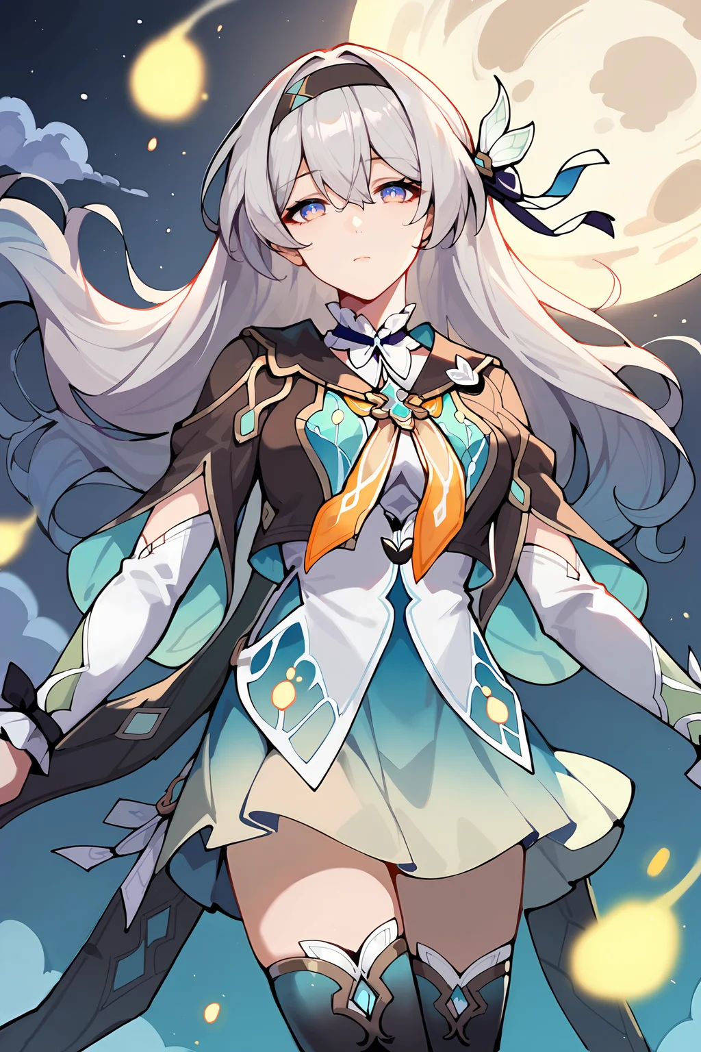 score_9, score_8_up, score_7_up, 1girl, firefly \(honkai: star rail\), solo, black thighhighs, hairband, gradient skirt, hair ornament, blouse, frilled collar, cropped jacket, yellow neckerchief, flying, midair, cowboy shot, expressionless, looking at viewer, night, floating hair, planet, dreaming, cloud, backlighting, depth of field <lora:Char-HonkaiSR-Firefly-V1-Pony:0.9> <lora:Expressive_H:0.6> <lora:odanon_style_v2:0.4>