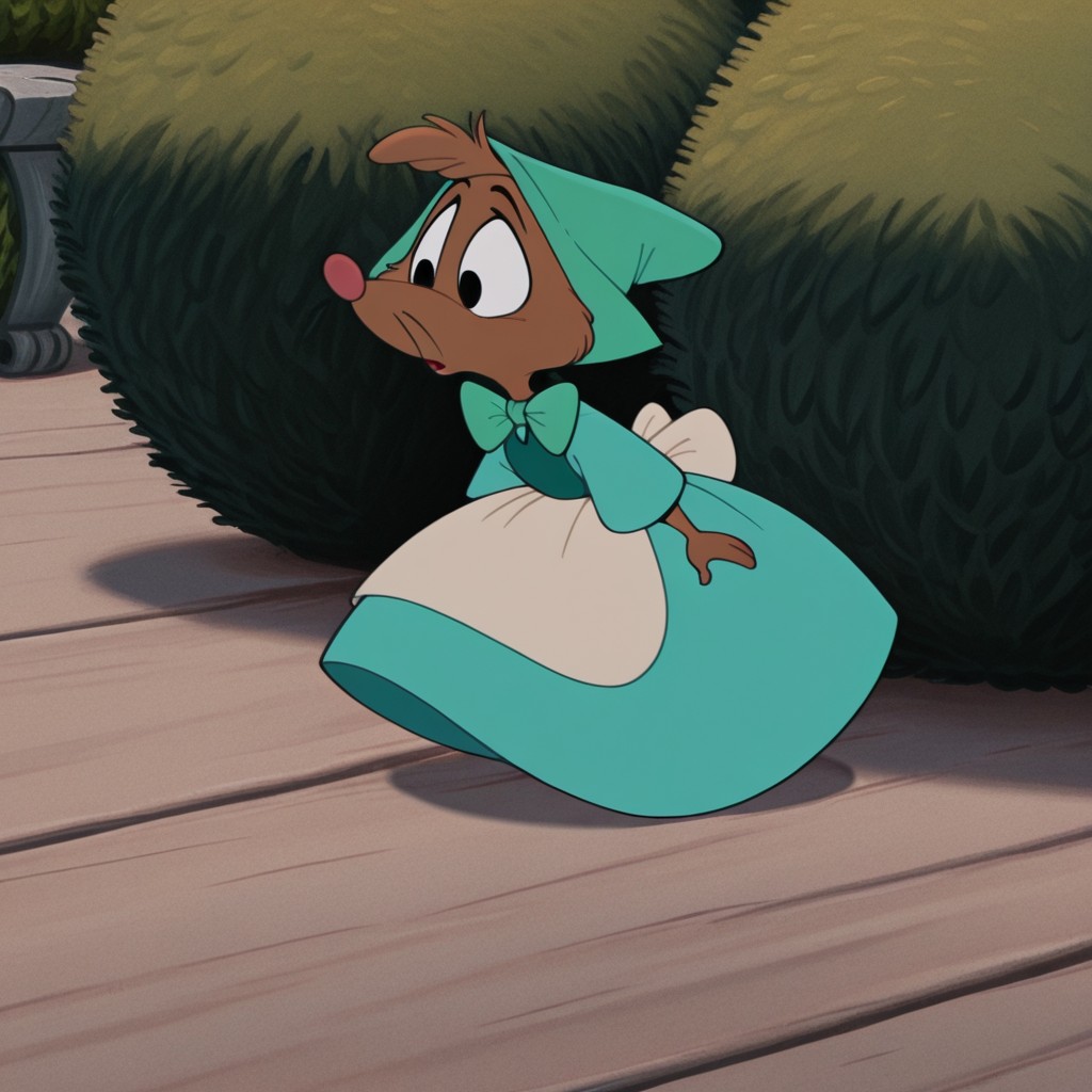 masterpiece, best quality, amazing quality, Cindermiceil, semi-anthro, female,  mouse_girl, brown fur,  black eyes, whiskers, teal dress, green bowtie, green hat, apron, standing, outside,, <lora:8cd63573-bfab-4d45-8843-1764db4427c5:1.0>