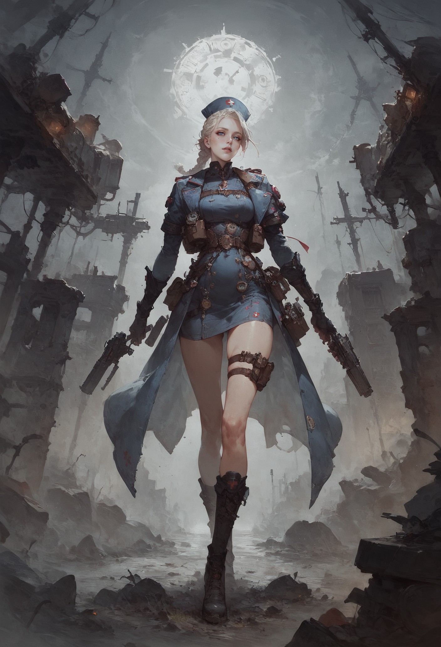 score_9, score_8_up, score_7_up,    1girl, moonlight, fantasy, post apocalyptic, apocalyptic, steampunk, vibrant, solo, full body, nurse, pale skin, tactical vest, military uniform, braid,  <lora:Concept Art Twilight Style SDXL_LoRA_Pony Diffusion V6 XL:0.8> concept art  <lora:Expressive_H-000001:0.8> expressiveh  <lora:sinfully_stylish_SDXL>