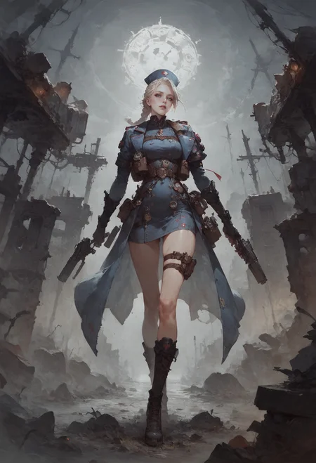 score_9, score_8_up, score_7_up,    1girl, moonlight, fantasy, post apocalyptic, apocalyptic, steampunk, vibrant, solo, full body, nurse, pale skin, tactical vest, military uniform, braid,  <lora:Concept Art Twilight Style SDXL_LoRA_Pony Diffusion V6 XL:0.8> concept art  <lora:Expressive_H-000001:0.8> expressiveh  <lora:sinfully_stylish_SDXL>