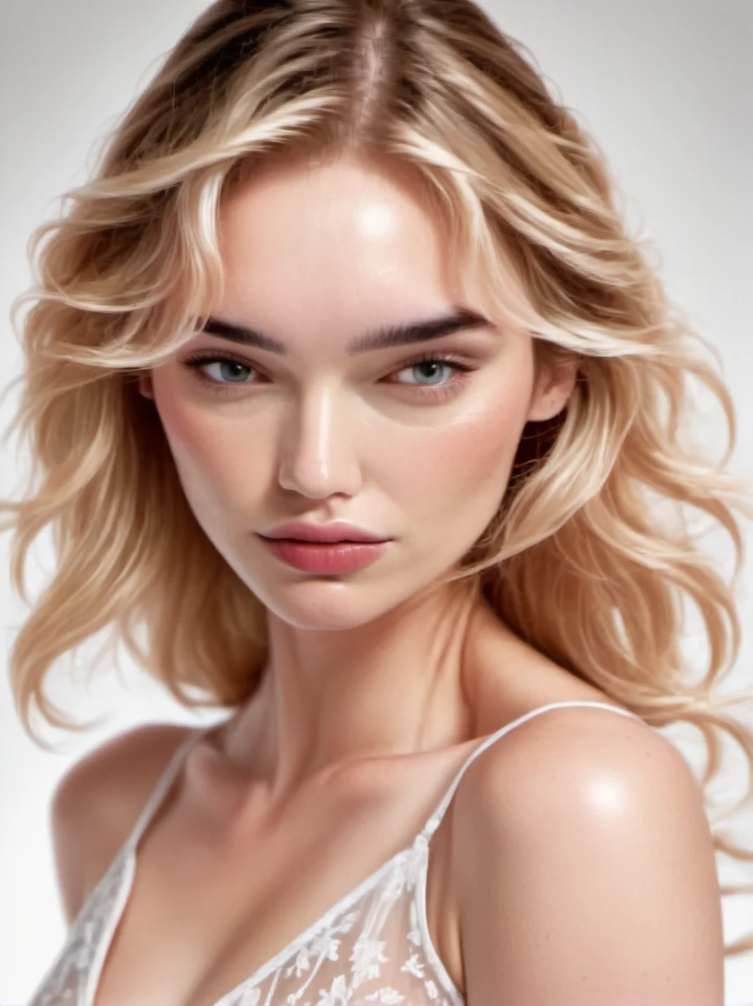 1girl, realistic, blond,
portrait, neutral expression, wearing a translucent night gown, white background, looking at us,
 <lora:abbie-synth-xl-lora-1:1>