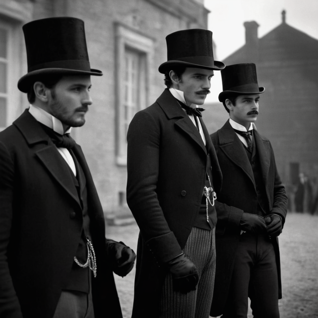 cinematic film still of  <lora:1800's style:1>
19th Century In the 1800's time era two men in top hats and tails standing in front of a building,short hair,gloves,long sleeves,hat,monochrome,greyscale,male focus,earrings,outdoors,multiple boys,necktie,2boys,blurry,looking at another,coat,facial hair,top hat,cane , detailed, detailed background, detailed scene, perfect, perfection, cinematic, filmic, historical (themed), 1800's style, shallow depth of field, vignette, highly detailed, high budget, bokeh, cinemascope, moody, epic, gorgeous, film grain, grainy