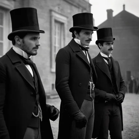 cinematic film still of  <lora:1800's style:1>
19th Century In the 1800's time era two men in top hats and tails standing in front of a building,short hair,gloves,long sleeves,hat,monochrome,greyscale,male focus,earrings,outdoors,multiple boys,necktie,2boys,blurry,looking at another,coat,facial hair,top hat,cane , detailed, detailed background, detailed scene, perfect, perfection, cinematic, filmic, historical (themed), 1800's style, shallow depth of field, vignette, highly detailed, high budget, bokeh, cinemascope, moody, epic, gorgeous, film grain, grainy