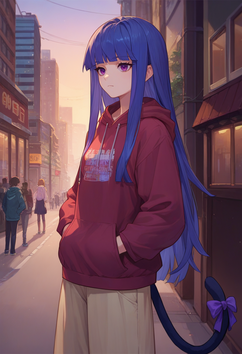 score_9, score_8_up, score_7_up,  source_anime,   <lora:BernPXL-000013:1> frederica bernkastel, long hair, blue hair, purple eyes,  hoodie, hands in pockets, cat tail, city,