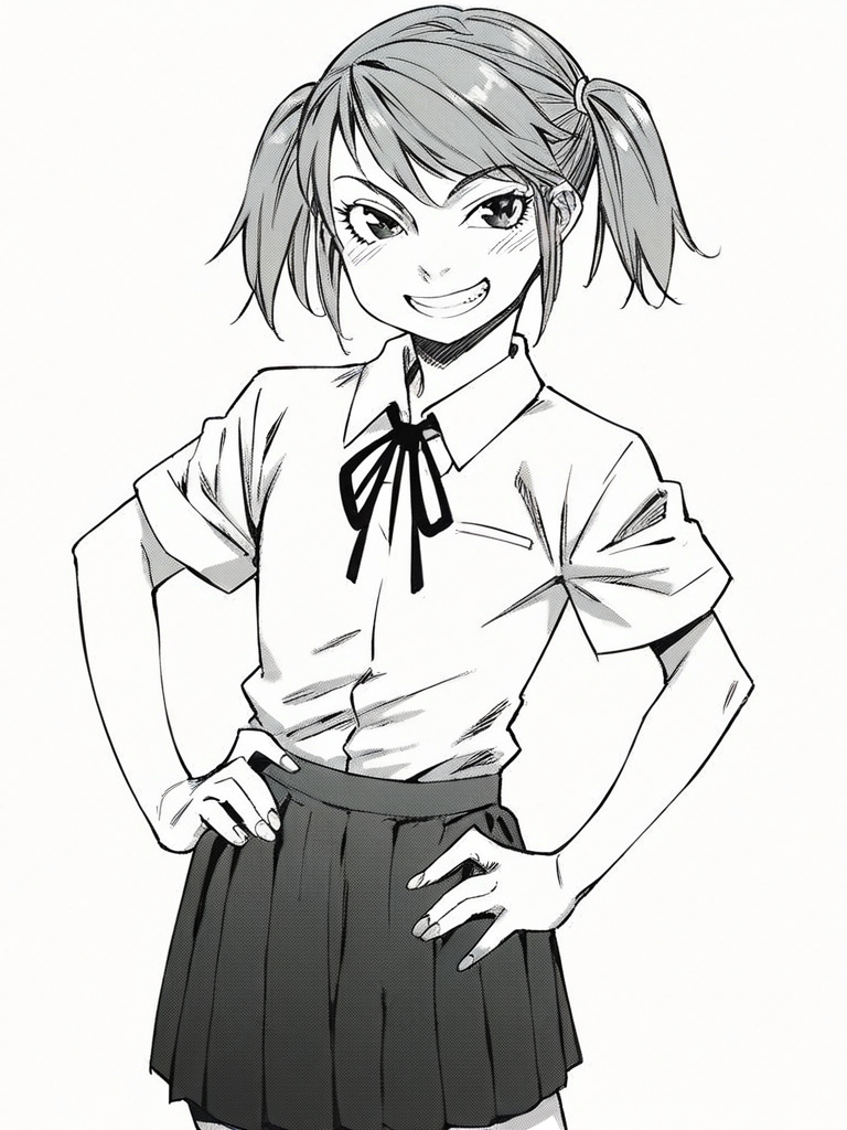 score_9, score_8_up, score_7_up,  
1girl, monochrome, 

kaji haruka, twintails, flat chest, grey hair,


white background, standing, solo, smile, grin, hand on hip, looking at viewer,
white shirt, neck ribbon, short sleeves, school uniform, pleated skirt, 