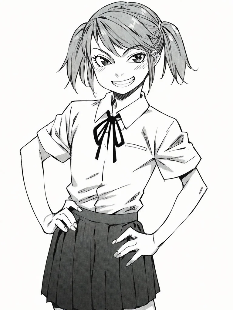 score_9, score_8_up, score_7_up,
1girl, monochrome,
kaji haruka, twintails, flat chest, grey hair,
white background, standing, solo, smile, grin, hand on hip, looking at viewer,
white shirt, neck ribbon, short sleeves, school uniform, pleated skirt,