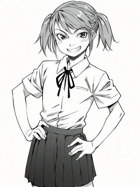 score_9, score_8_up, score_7_up,  
1girl, monochrome, 

kaji haruka, twintails, flat chest, grey hair,


white background, standing, solo, smile, grin, hand on hip, looking at viewer,
white shirt, neck ribbon, short sleeves, school uniform, pleated skirt, 