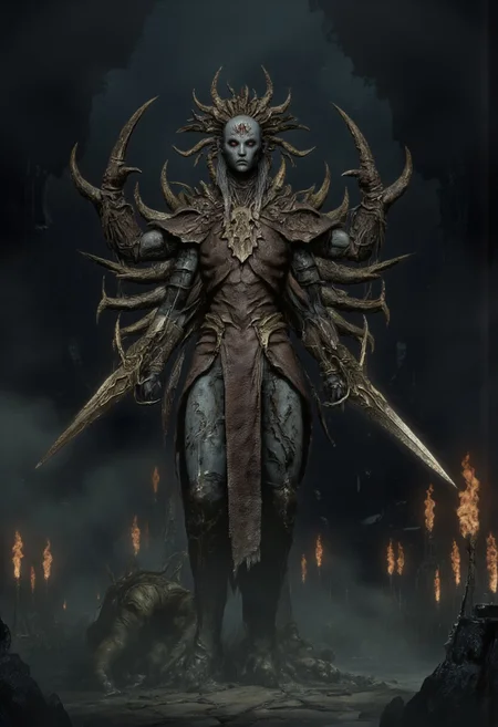 DGC style, MikeFranchinastyle, ghiblistyle, hkevil, berserk style, Surreal art, d4artstyle, d4concept, , bbstyle,, horror theme,, zbrush, ZBClay model of a gray sculpture
Set against a solid dark color background to emphasize its unnatural form and grotesque eerie and unsettling anatomy that emphasizes its silhouette. The medium is not a traditional painting or illustrative medium like watercolor or ink but rather a digital 3D rendering.
A colossal, multi-armed humanoid creature, standing as a figure of dread and destruction. Its grotesque, muscular body is twisted and covered in charred, shadowed textures that appear to smolder from within. Six elongated arms sprout from its back, each brandishing a flaming, jagged sword that burns with an unnatural white-hot fire, casting piercing illumination against the dark, smoky surroundings. Its face is a void of writhing darkness, obscuring all features except faint glimpses of glowing cracks resembling eyes. The creature's feet end in gnarled claws, digging deep into the cracked, ash-ridden earth, sending wisps of embers into the air. Surrounding it, thick fog and rising smoke swirl ominously, as the fiery blades carve faint trails of molten light through the suffocating gloom. Focus on fine details, intense lighting effects, and a dark, apocalyptic atmosphere.