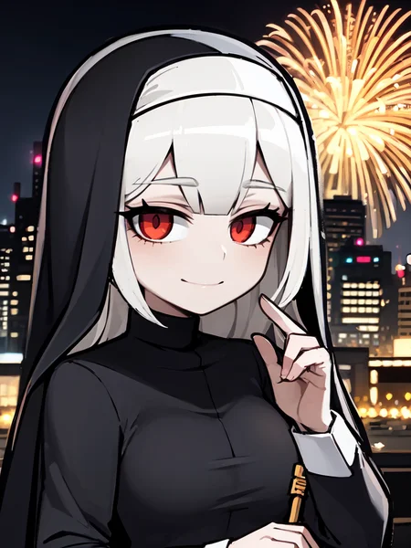 ((masterpiece, best quality)), (1girl), (solo), (female focus), (night:1.2), city, cityscape, fireworks, nun, black cassock, black nun veil, white hair, red eyes, smile, closed mouth, upper body