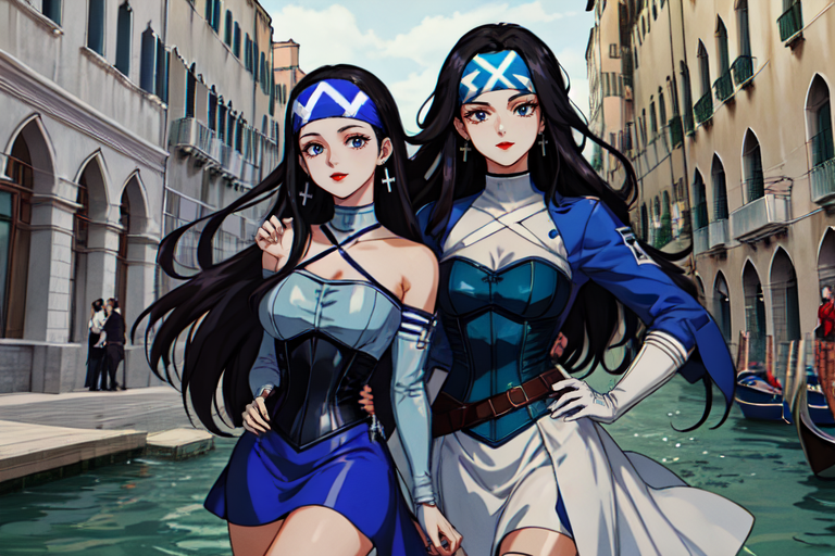 highly insanely detailed, masterpiece, top quality, best quality, highres, 4k, 8k, RAW photo, (very aesthetic, beautiful and aesthetic),  
beth_\(megami_tensei\),bethsmtii,shin megami tensei ii,long hair,black hair,straight hair,sleek black,jewelry,cross,headband,red_lipstick,Blue_dress,armored_corset,blue shirt,messian_cross_earrings,cross_earrings,religious_earrings,messian_symbol_jewelry,bandana_with_messian_symbol,Religious_bandana,symbol_headband,messian_church_bandana,katana,sword, 
<lora:zs_Beth:0.5>, 
(1girl:1.3), 1other, 
(in Venice),âââ