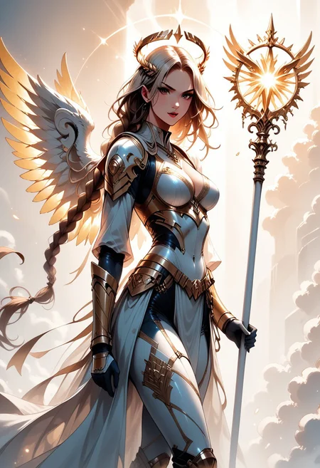 score_9, score_8_up, score_7_up, (Western Comics), a full body image of a sexy mechangel girl, caucasian, seductive, (glowing wings), solo, glowing armor, glowing halo, glowing mechanical 4 wings (hyperdetailed:1.15), detailed, light passing through hair, (ultra detailed, high quality texture), (sharp), (artistic image), 32K, 4K, ULTRA HD, small waist, large breasts, tight white bodysuit with, crop: -5, (3/4 portrait), wide view, ((her whole head and hair is visible)), zoomed out, ((wings completely visible)), (from thighs and up), wings folded along her body, cowboy shot, angelify, (monochrome background), (nothing in background), plain background, Long brown hair in high braid, wings fully visible, hkmagic, ((holding a long magical wizard staff by her side with both hands)), staff, attack pose