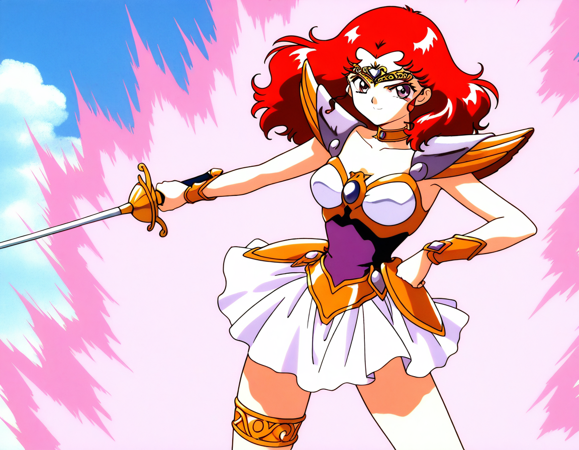 general,highres, ultra-detailed,very aesthetic,best quality ,best hands,  BREAK <lora:Scarlett_ohara_IS:1> Scarlett_ohara, 1girl,solo, red hair, long hair, purple eyes, breasts, 1990s (style), anime coloring, 
 choker, armor, 1990s (style), skirt, hand on hip, smile, tiara, jewelry, magical girl, thighlet, white skirt, miniskirt, thigh strap, armored dress, bracer, shoulder armor, blue eyes,  short hair, pauldrons, attack, effect, aura,
flower,
hold, sword, rapier, serious face, fighting pause,
day, say,