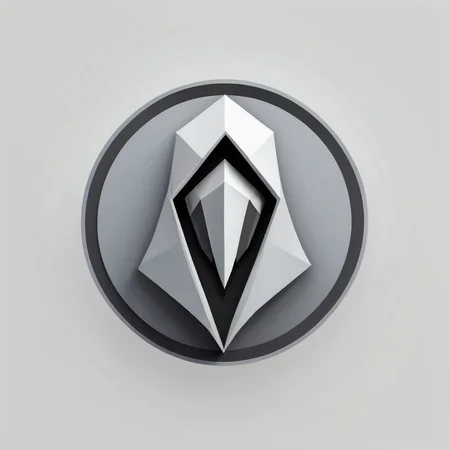 low poly, logotype containing grey and black colors, circle, guardian with hood
