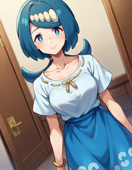 score_9, score_8_up, score_7_up, source_anime,
pokemonmotherlana, <lora:pokemon-mother-lana-ponyxl-lora-nochekaiser:1>
pokemonmotherlana, blue eyes, blue hair, freckles, hair ornament, long hair, swept bangs, bright pupils,
blouse, blue skirt, bracelet, collarbone, dress, jewelry, long skirt, shirt, short sleeves, skirt, white shirt,
indoors,
looking at viewer, cowboy shot, dutch angle,