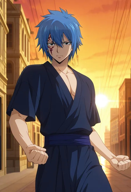 masterpiece, best quality, intricate details, anime screencap, anime coloring, official style, , 1boy, solo, male focus, <lora:jellal_fernandes_ilxl:0.92>, jellal_fernandes, blue hair, black eyes, short hair, tattoo, facial mark, hair between eyes, city waterfront, glowing reflections, swaying boats, bustling piers, walking pose, nostalgic expression, evening breeze, greek costume