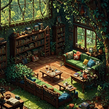 score_9, score_8_up, score_7_up, score_6_up, black cat, book, book stack, bookshelf, candle, sleeping cat, couch, diorama, grass, isometric, lantern, leaf, library, pixel art, plant roots, scenery, scroll, recliner, hot chocolate, (trees:1.2),  <lora:detailed_backgrounds_v2:0.8>,  <lora:IsoPixel-PDXL:1>, ispzxll, blue books, red books, green books, purple books, (large window:1.2), wood floors, (tree:1.2), (vines:1.2), recliner,