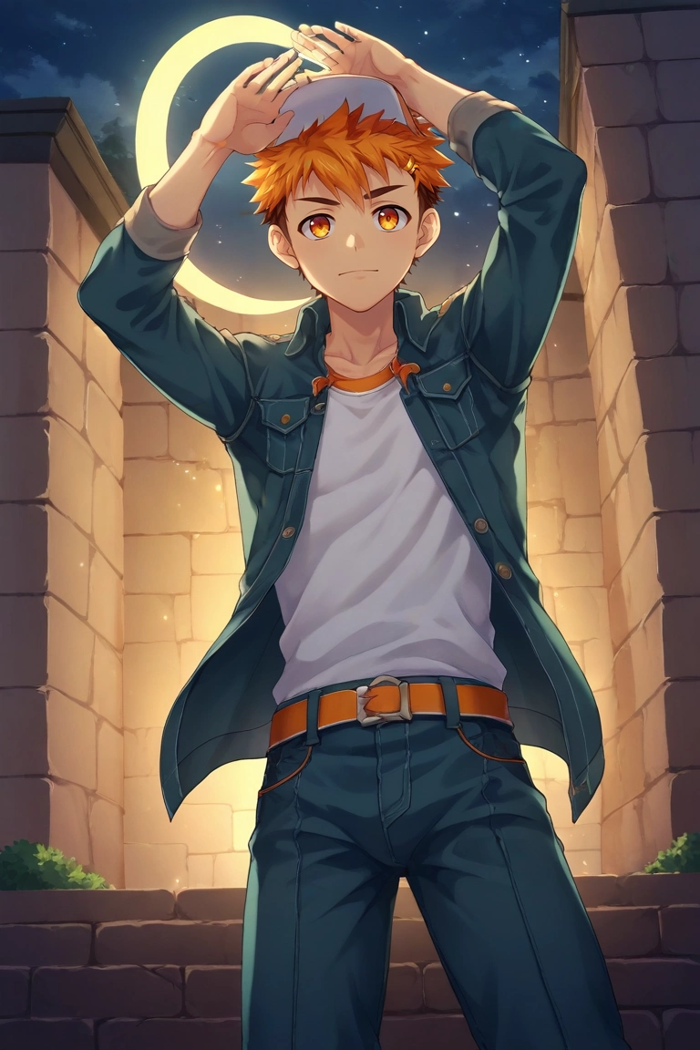 score_9, score_8_up, score_7_up, source_anime, rating_safe, , , looking at viewer, , 1boy, solo, male focus, <lora:hiro_akiba_pony:0.9>, hiro_akiba, orange hair, orange eyes, short hair, multicolored hair, brown hair, , straight-on, great wall of china, night, crescent moon, pose, squinting, denim jacket, baseball cap, <lora:sdxl_lightning_8step_lora:1>
