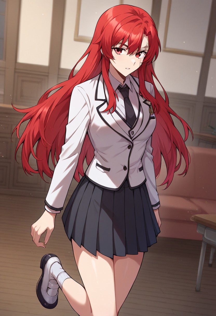 score_9,score_8_up,score_7_up,score_6_up,blurry, blurry background,1girl,irinaf,scar,solo,red hair,long hair,red eyes,socks,shoes,school uniform,white blazer,white shirt,collared shirt,black skirt,long sleeves,pleated skirt,jacket,black necktie,pantyhose,sexy thighs,upper body,volumetric light,indoors,living room,cowboy shot, dutch angle
