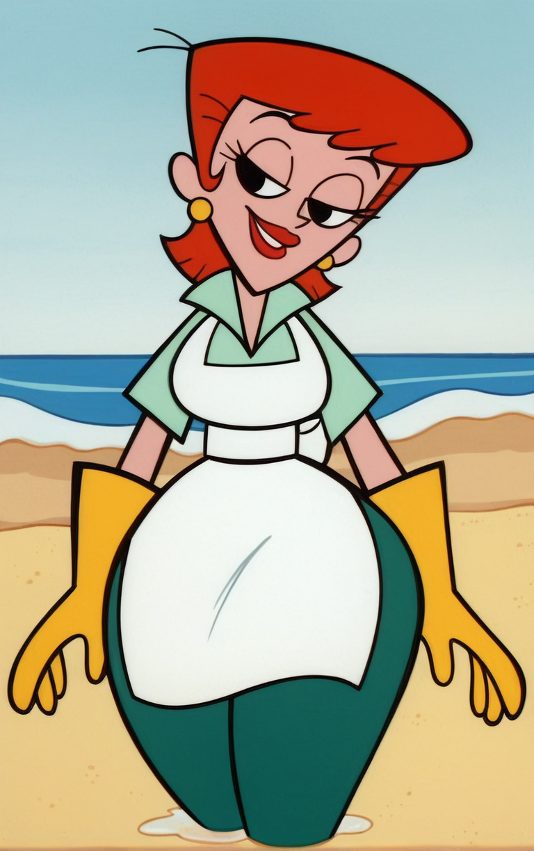 score_9, score_8_up, score_7_up, BREAK
MainOutfit_DextersMom_ownwaifu, 
1girl, aqua shirt, breasts, collared shirt, earrings, eyelashes, green leggings, narrow waist, oven mitts, red hair, red lips, short hair, thick thighs, white apron, wide hips, yellow gloves, jewelry, lipstick, makeup, apron, black eyes, short sleeves,
(wading, beach), head tilt, sidelighting, ocean, sky, water, caustics, cowboy shot, <lora:PONYXL_MOM_DextersMom_ownwaifu:0.8> , depth of field, solo,