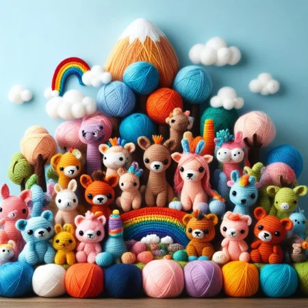 score_9, score_8_up, score_7_up, Yarnworld, rainbow colors, chibi animals, made of yarn, cute design,
colorful detailed background,