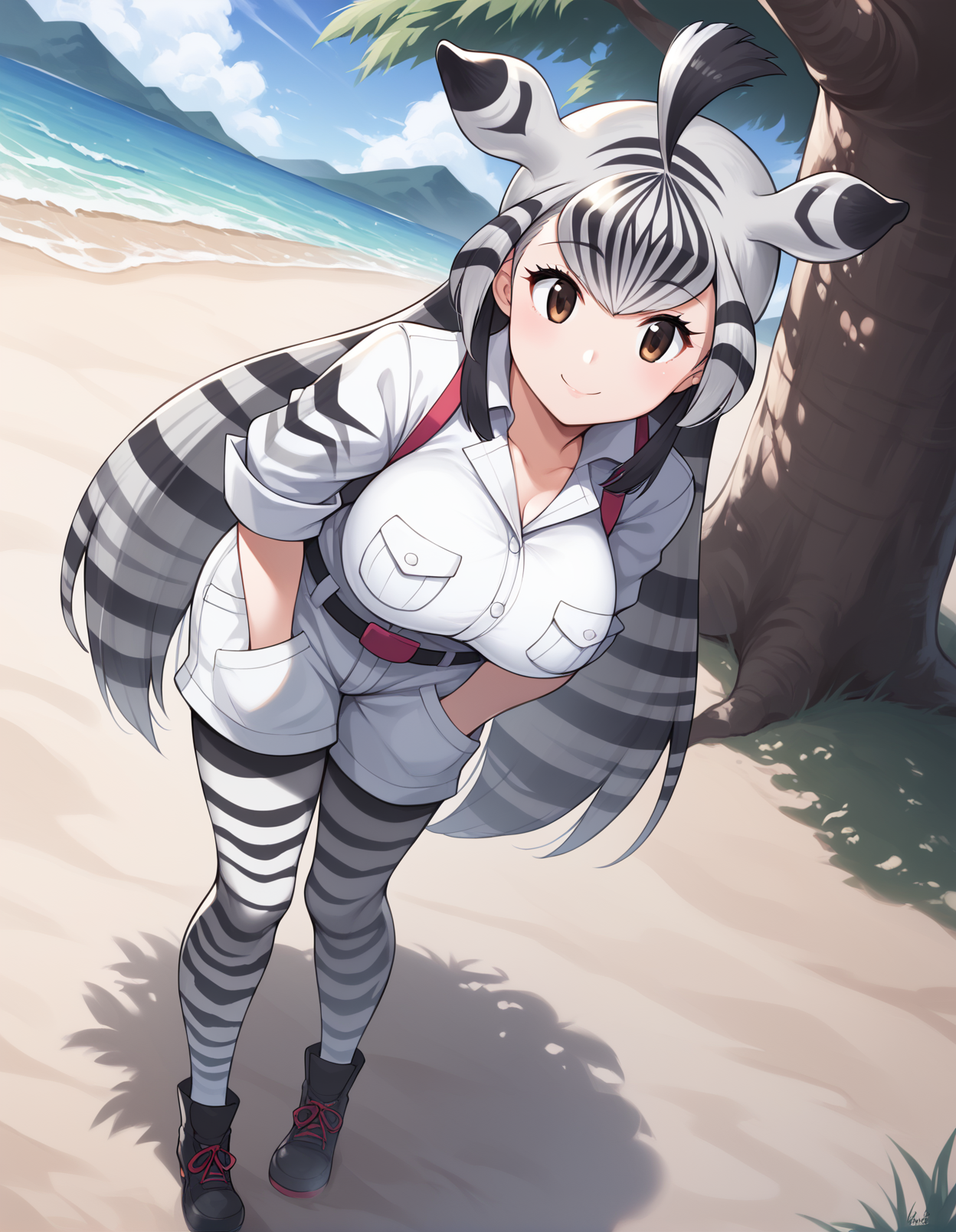 score_9, score_8_up, score_7_up, score_6_up, score_5_up, score_4_up, source_anime, BREAK <lora:chapmansZebraXL_LoRA-C3Lier_AdamW_Dim16_Alpha16_UN-3e-4_TE-1.5e-4_10batch_ponyDiffusionV6XL_v6StartWithThisOne:1>, chapman's zebra \(kemono friends\), animal ears,1girl, two-tone hair, long hair, large breasts, tail, collared shirt, breast pocket, suspenders, animal print, belt, print shorts, white shorts, thighs pocket, pocket, striped pantyhose, dutch angle, light smile, hands in pockets, leaning forward, savannah, sand, tree, mountainous horizon, tree shade, sunlight