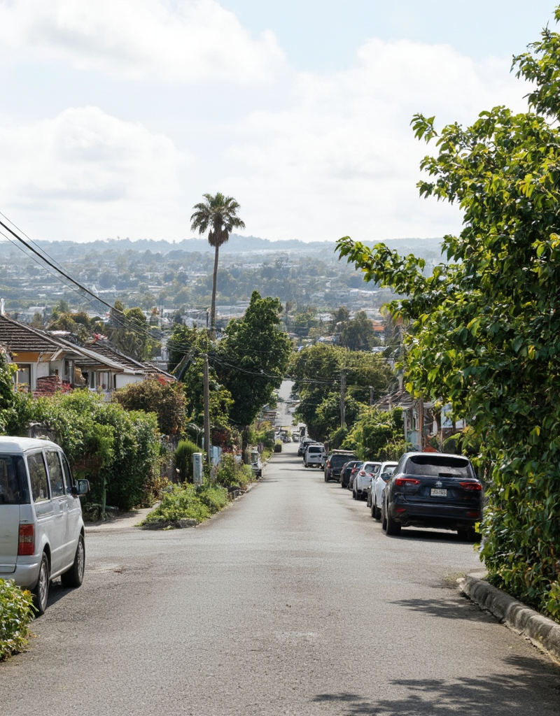 <lora:City_Worlds_01_v1_Roads_flux:1> citybkg, vegetation, summer, city road, low buildings, parked cars on each road sides, palm tree, town,
