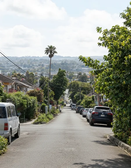 <lora:City_Worlds_01_v1_Roads_flux:1> citybkg, vegetation, summer, city road, low buildings, parked cars on each road sides, palm tree, town,