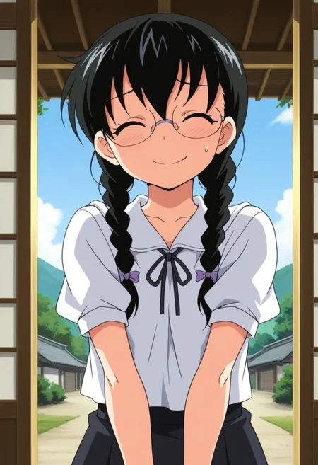 masterpiece,best quality,amazing quality, izumi yuka, glasses, black hair, twin braids,  1girl, braid, solo, closed eyes, smile, long hair, sweatdrop, day