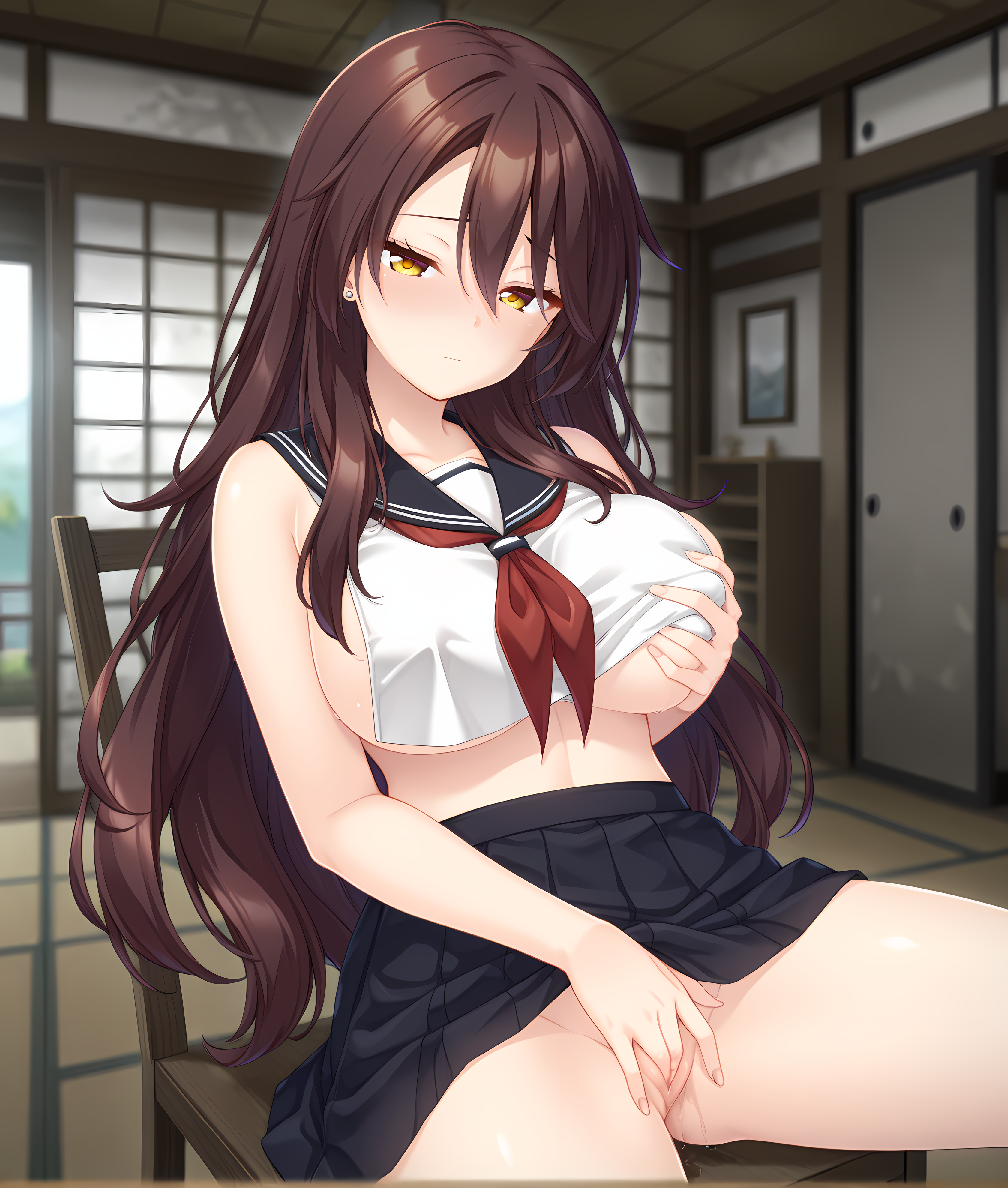 <lora:Tsuzuki_Nanase:0.85>,tsuzukinanase,yellow eyes,brown hair,hair between eyes,very long hair,straight hair,hair over both shoulders,large breasts,stud earrings,1girl,solo,very long hair,looking at viewer,serafuku,outdoor,blurry background,half closed eyes,ultra detailed eyes,petite woman,large breasts,breast curtain,indoors,on chair,sitting,bedroom,hand under shirt,grabbing own breast,female masturbation,hand under skirt,uncensored,fingering,hair down,, masterpiece,best quality,amazing quality, very aesthetic, absurdres,ultra-detailed,