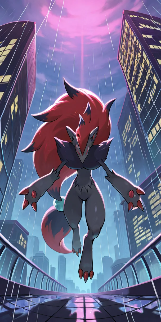 masterpiece, best quality, no humans,    <lora:ZoroarkPokedex_IXL_v1:1.0>,   zzZoroark, city rooftop at night, arms spread, rain falling, neon reflections, dramatic backlight â On a rain-slick rooftop bathed in neon glow, zzZoroark spreads its arms wide, catching the downpour on its open palms. Thunder rolls across the skyline, and streaks of electric blue and crimson ripple through puddles at its feet as the city pulses below.
