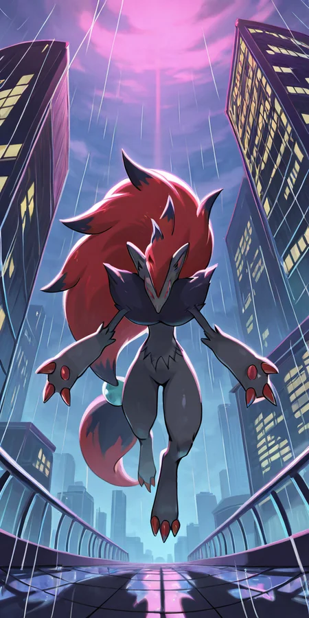 masterpiece, best quality, no humans, <lora:ZoroarkPokedex_IXL_v1:1.0>, zzZoroark, city rooftop at night, arms spread, rain falling, neon reflections, dramatic backlight â On a rain-slick rooftop bathed in neon glow, zzZoroark spreads its arms wide, catching the downpour on its open palms. Thunder rolls across the skyline, and streaks of electric blue and crimson ripple through puddles at its feet as the city pulses below.