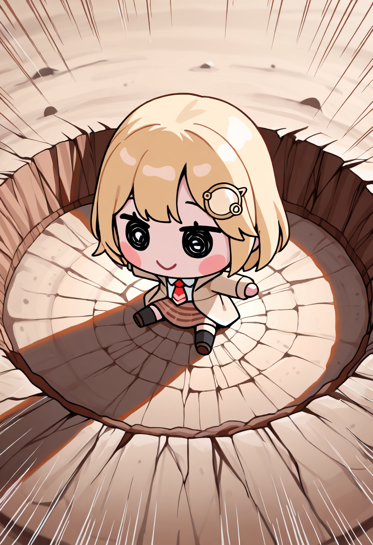 <lora:style_beegsmol_noobAIXL11EPS-GLoRA:1>, chibi, full body, blush stickers, black eyes,
watson amelia \(1st costume\), sitting, spread arms, legs apart, on ground, crater, shockwave, smile, motion lines, very awa, masterpiece, best quality, highres, absurdres