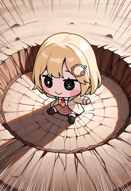 <lora:style_beegsmol_noobAIXL11EPS-GLoRA:1>, chibi, full body, blush stickers, black eyes,
watson amelia \(1st costume\), sitting, spread arms, legs apart, on ground, crater, shockwave, smile, motion lines, very awa, masterpiece, best quality, highres, absurdres