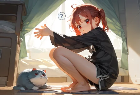 score_9,score_8_up,(score_7_up:1.1),score_6_up,source_anime,<lora:Kyomu_Ai_StyleXL:1>,1girl,close-up,indoor,room,from side,on_floor,child,red hair,red eyes,short twintails,long hair,confused,open mouth,looking at viewer,serious,teardrop,light blush,squatting,barefoot,long black shirt,