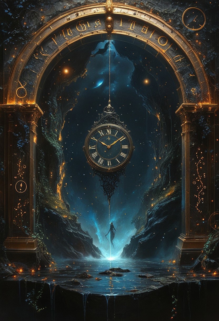 top- down, fantastical and surreal scene, closeup inside of an enormous ancient pocket_clock standing upright with its cover open revealing a magical portal, portal inside the clock, Through the portal is a breathtaking landscape unfolds, towering mountains, a cascading volcano, a steaming river winding through a burned forests, The edges of the pocket_clock are adorned with intricate glowing runes and vines, the clock resting on obsidian floor, mystical touch, illuminated by a crescent moon and twinkling stars, dreamlike and otherworldly atmosphere, sense of adventure and wonder, ((red-blue, artifact,
<lora:aidmaMTG-CardsXL-v0.1:1> ,mtg, mtg card)), view from above, 
(score_9, score_8_up:1.1), score_7_up, a fine color ink lineart sketch, (reflective volumetric), raytracing, absurdres, dark, low-key, 
BREAK
universe, (galaxy:0.5), (nebula:0.5), (stars:0.3)