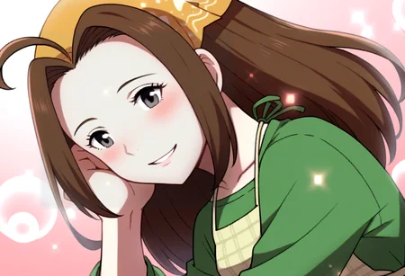 score_9, score_8_up, score_7_up, source_anime, BREAK, solo, 1girl, smile, looking at viewer, <lora:FEA-S-Rank-pdxl_Fp:1>, pink background, sparkle, bubble, <lora:Celia-pdxl_Fp:1>, celiahm, brown hair, grey eyes, ahoge, long hair, bandana, green shirt, apron, skirt, blush,
